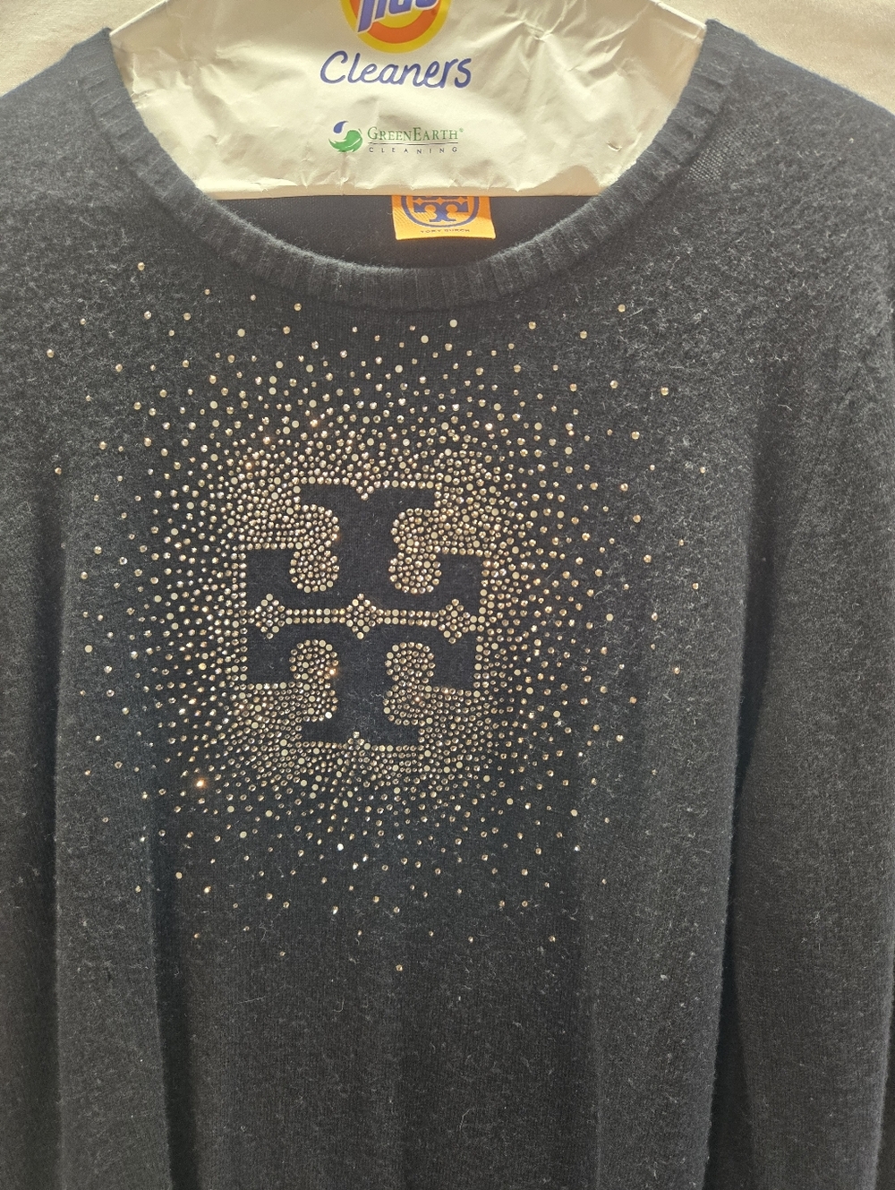 Tory Burch Women’s Size Large Black Sparkly Logo Crewneck Wool Cashmere Sweater - Picture 2 of 6